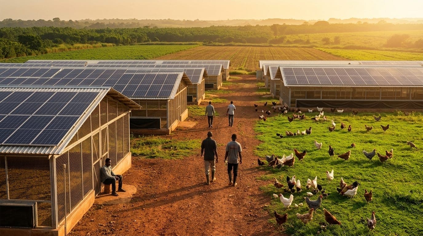 Two farm workers walking along a dirt path between solar-roofed poultry houses at sunset, with hens ranging on the grass beside them.