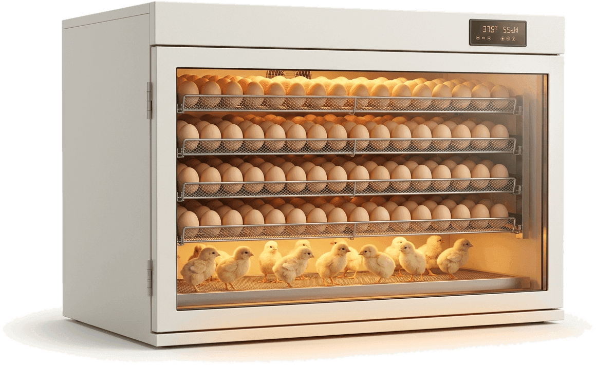 An egg incubator with trays of eggs behind its glass door and newly hatched chicks in the tray below