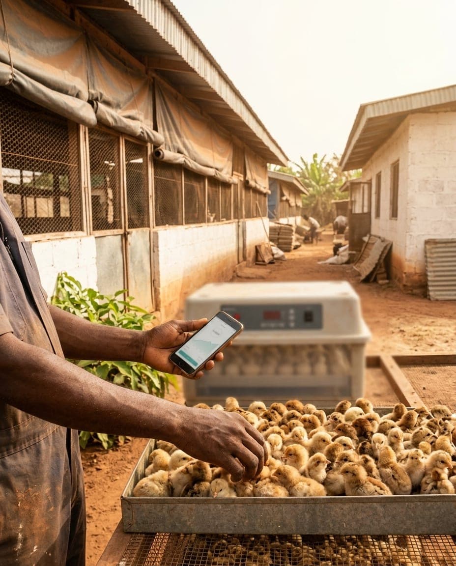 A farmer checking live readings on a phone beside a tray of newly hatched chicks, an incubator running behind him.