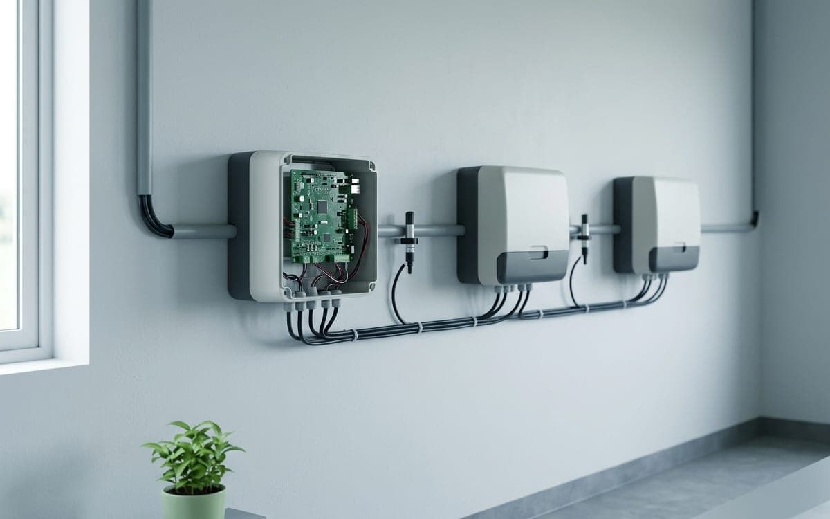 A row of modular automation units mounted on a wall, one with its cover open showing the control board inside