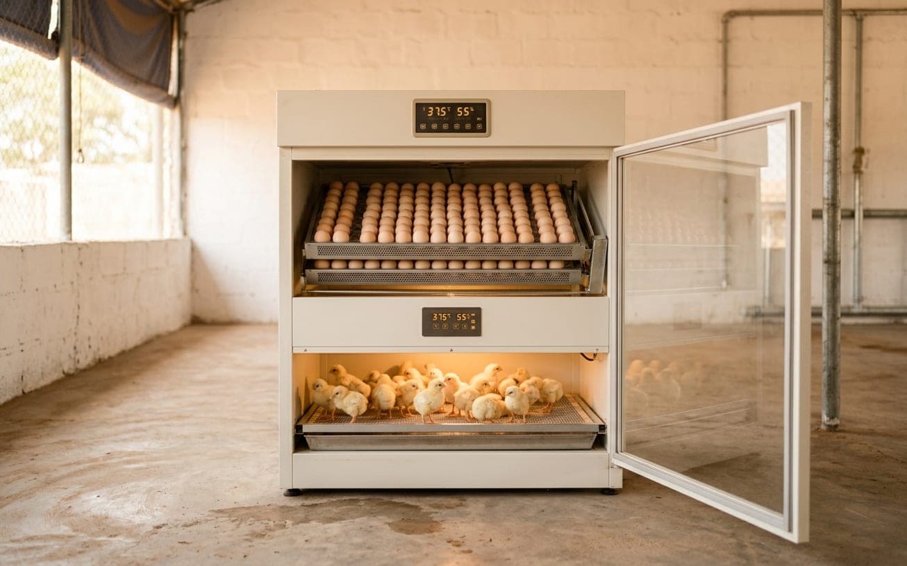 An egg incubator standing open in a farm hatchery room, trays of eggs above and day-old chicks under the lamp below