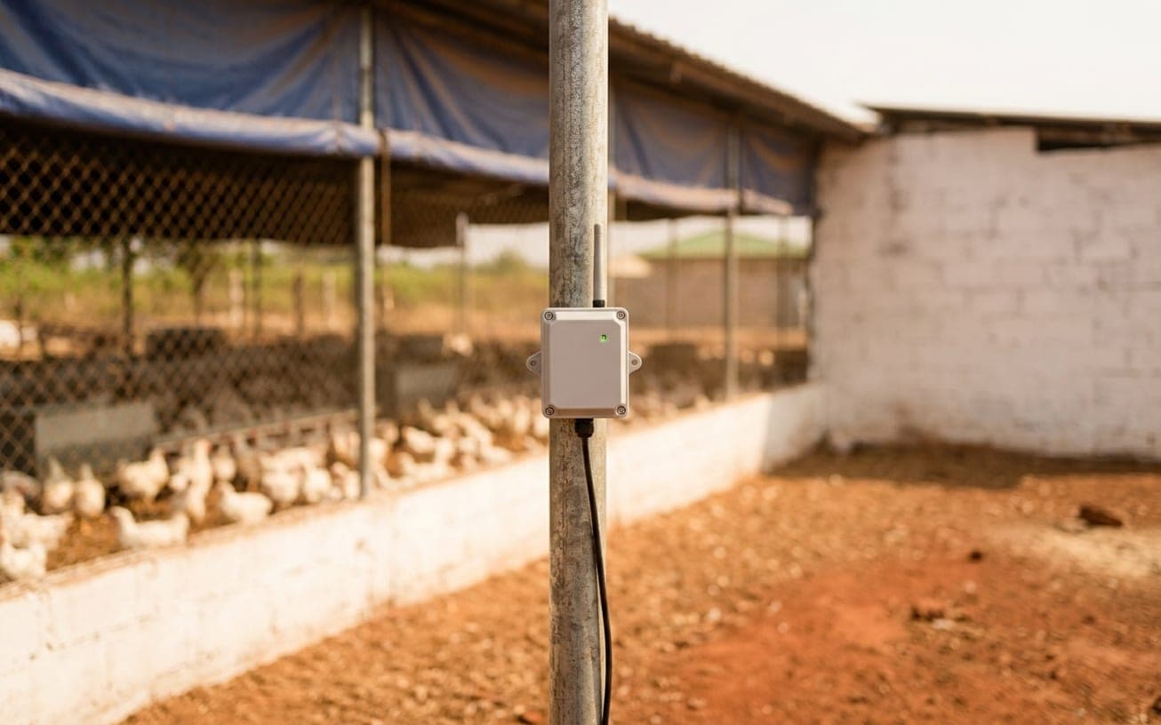 A weatherproof sensor module mounted on a post beside an open-sided poultry house