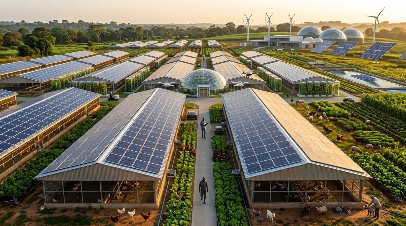 An aerial view of an integrated farm at sunrise — solar-roofed livestock houses, planted rows, greenhouses and wind turbines, with workers walking the paths between them.